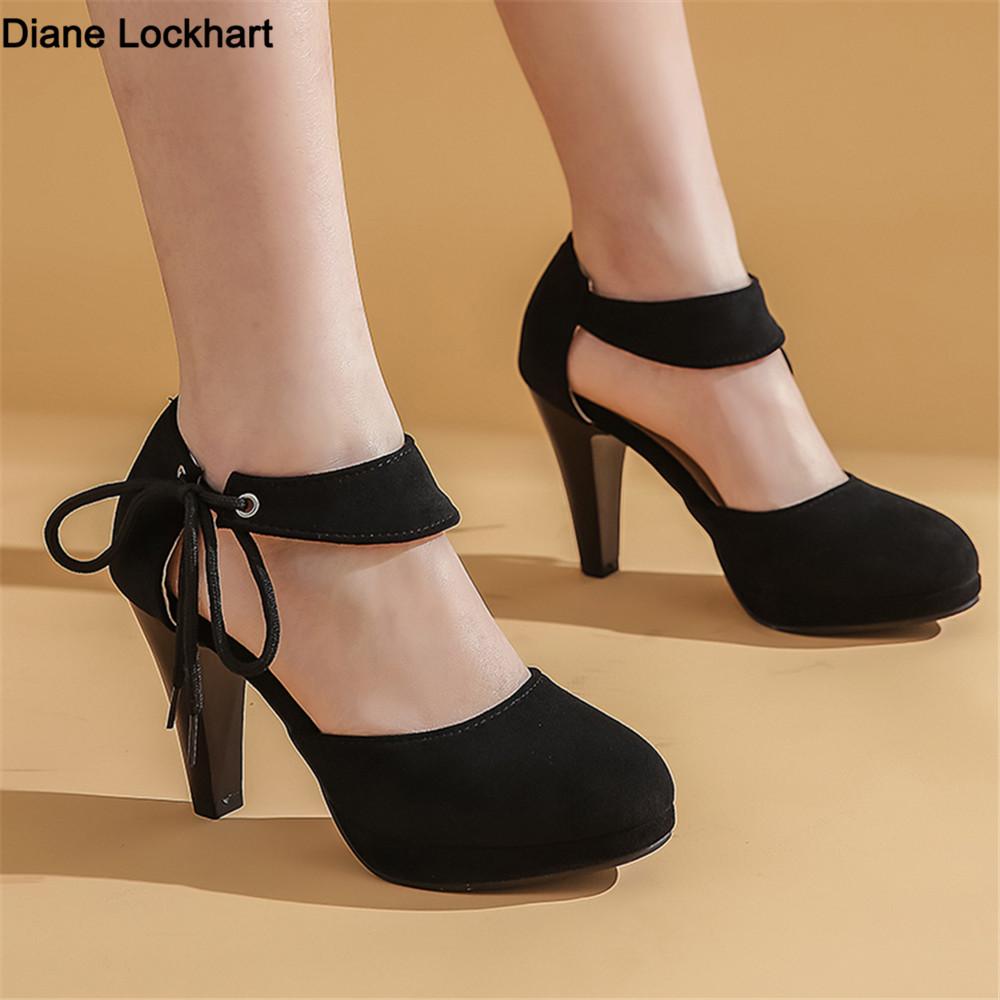 Fashion Spring Autumn New Ladies Platform Mary Janes Pumps Fashion Lace Bow Thick High Heels Women's Party Wedding Flock Woman Shoes