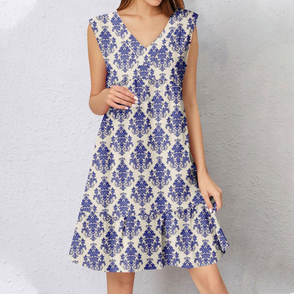 Womens Summer Dress Sleeveless V Neck Printing Short Dresses Fashion Casual Flowy Boho Ruffle A Line Swing Sundress