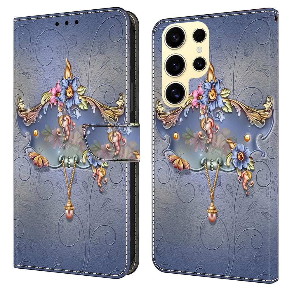 

For Samsung Galaxy S25 Ultra Case PU Leather Wallet Phone Cover with Stand Carving Flower