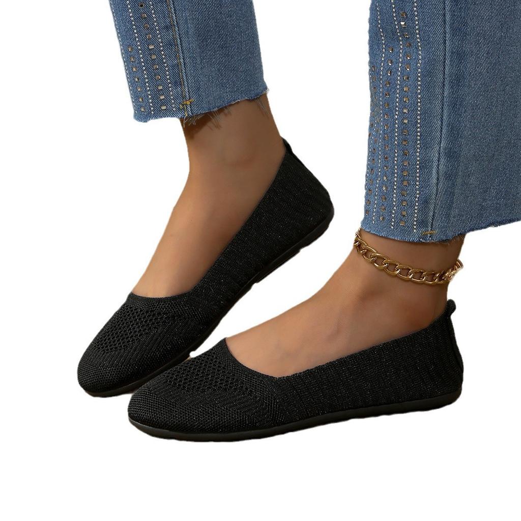 Foreign trade knitted shallow mouth single shoes women's spring and summer 2025 new flat bottom round head one pedal casual Doudou shoes women