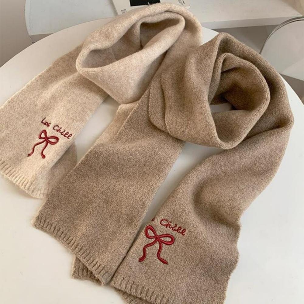 Bow Embroidered Scarf Thick Winter Wool Scarf Fashion Neckerchief Stylish Solid Color Scarf For Everyday Wear Gifts Winter Wear
