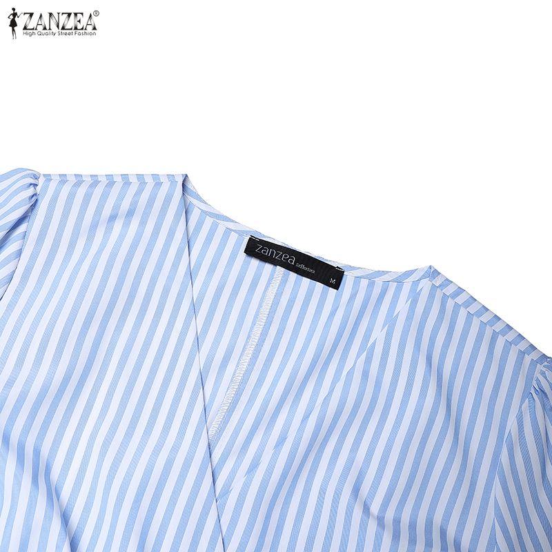 ZANZEA Women Casual V-Neck Short Sleeve Bows Splice Stripe Print A-line Dress