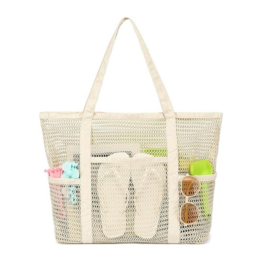 

Portable Foldable Beach Bag Large Capacity Multifunctional Swimming Bag Hollow Mini Pocket Mesh Tote Bag for Beach бежевый