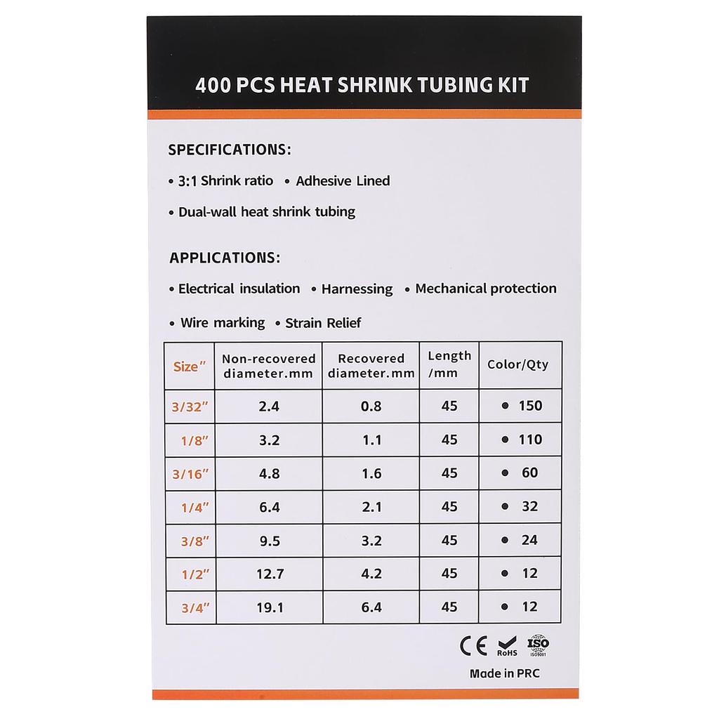 400 Pc Heat Shrink Tubing Kit 3:1 Ratio Adhesive Ratio Marine Grade Shrink Wrap