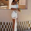 Europe, America, New, Mesh Hollow Splicing Elastic Pleated One-word Collar Tube Top Slim Dress