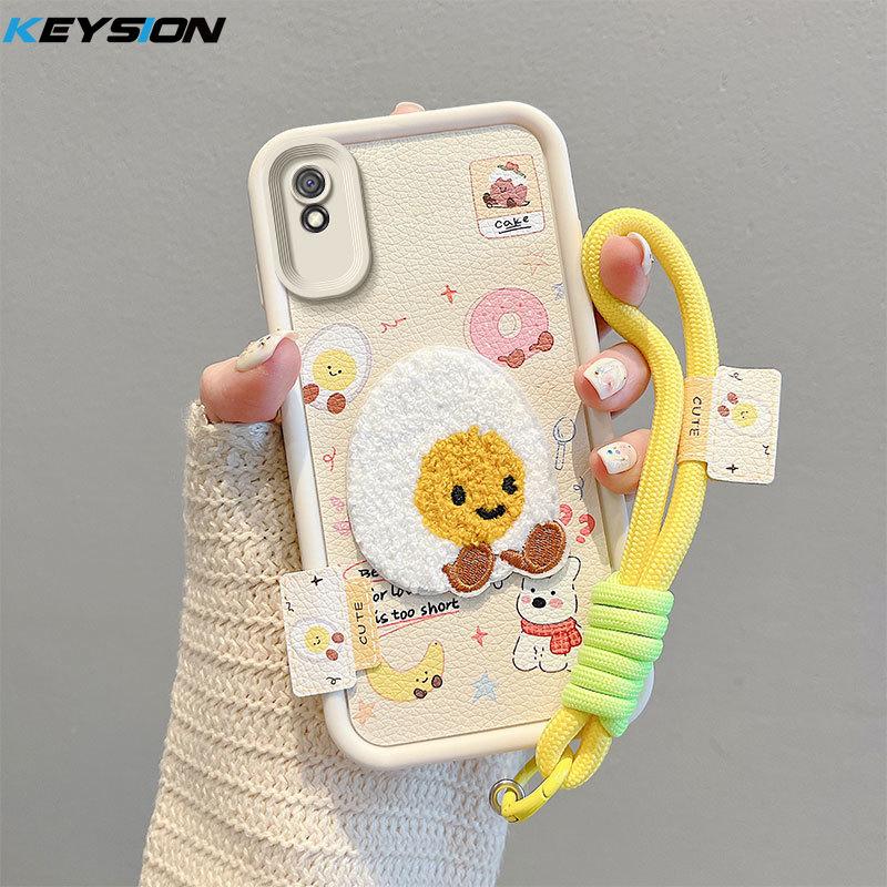 KEYSION Cartoon Cute Plush Embroidery Case for Redmi 10A 9A 9C with Lanyard Silicone Shockproof Phone Cover for Xiaomi Redmi 9C 10A 9A