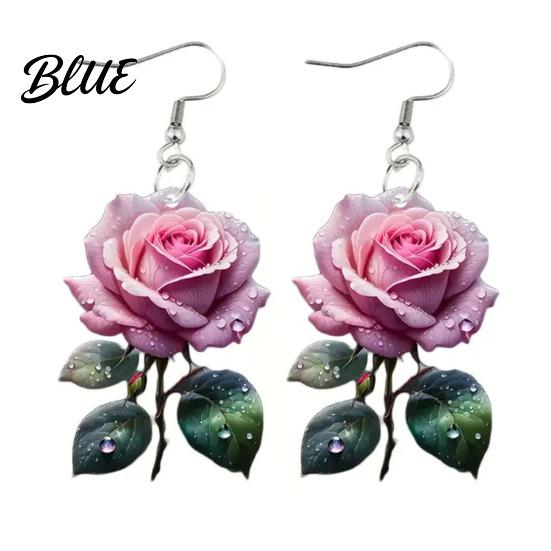 Rose Print Earrings 1 Pair Acrylic Dangle 2D Flower Hook