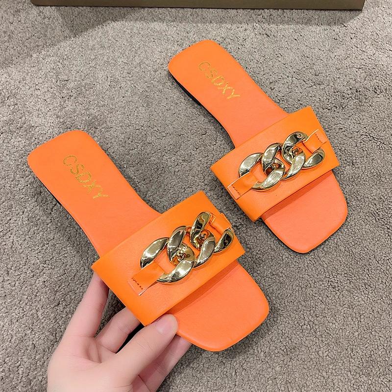 Fashion New Chain Women Slippers Summer Slippers Low Heel Women's Sandals Indoor Bathroom Outdoor Walk Fashion Show Plus Size 35-42