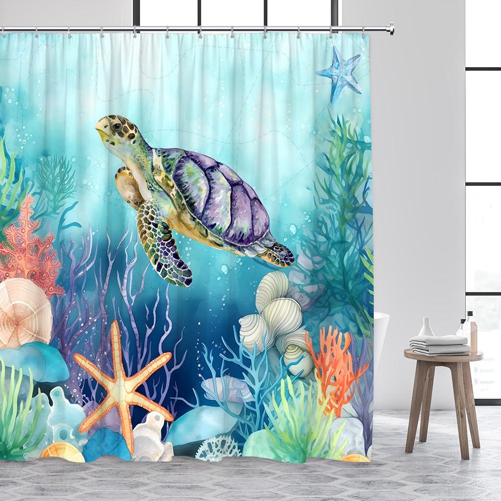 Ocean Sea Turtle Shower Curtain Seahorse Starfish Seagrass Fish Animals Underwater Scenery Fabric Bathroom Curtains Decor Set