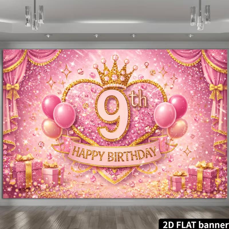2D Roségold Glitzer 9. Geburtstag Party Hintergrund, Prinzessin Thema Hintergrund Dekoration