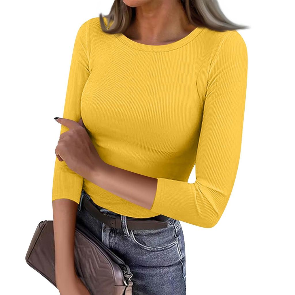 Women's Slim Bottom T-shirt Fashion Casual Color Round Neck Pullover 3/4 Sleeve Top
