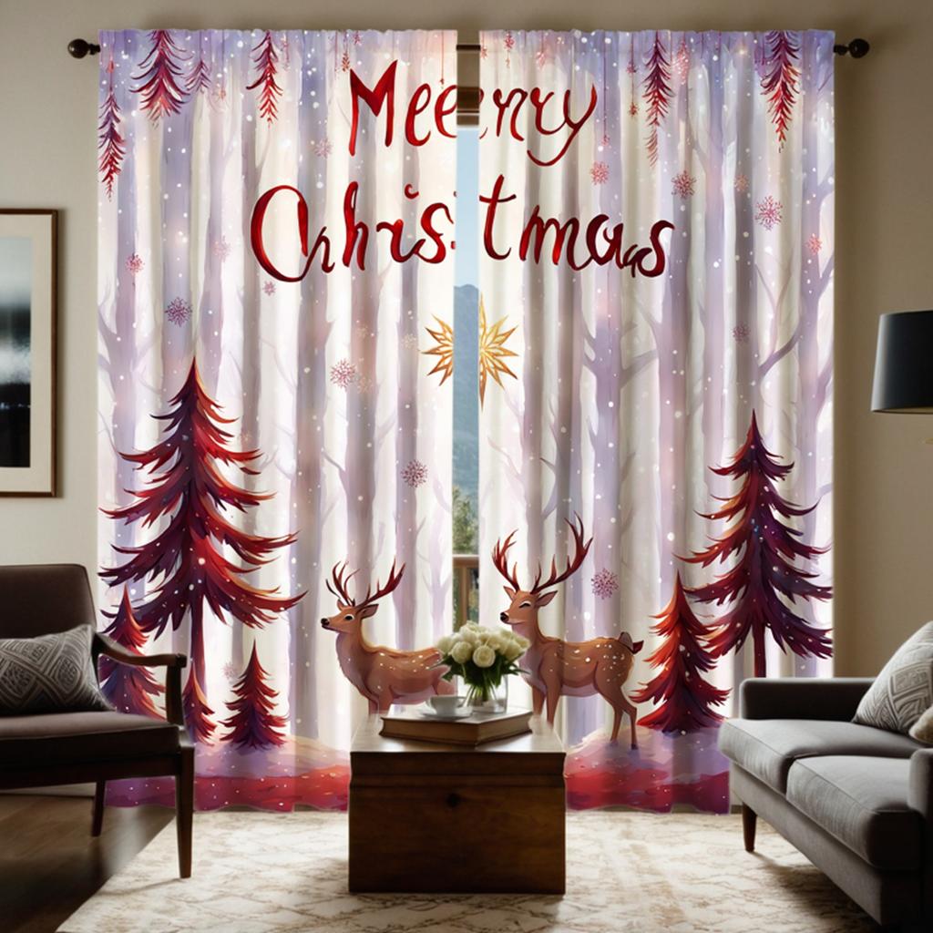 2-piece HD Digital Brown Tie Christmas Snow Elk Curtain Home Decoration Style Decorate Living Room Bedroom Through Rod Curtain E