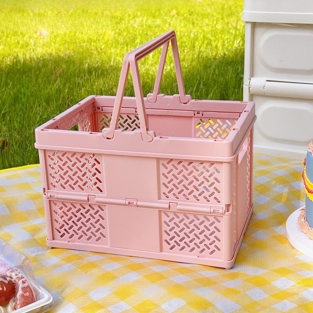 1pc Collapsible Storage Basket with Handle for Desktop Bookshelf Drawer, Stackable Folding Container for Kitchen, Bedroom, Office