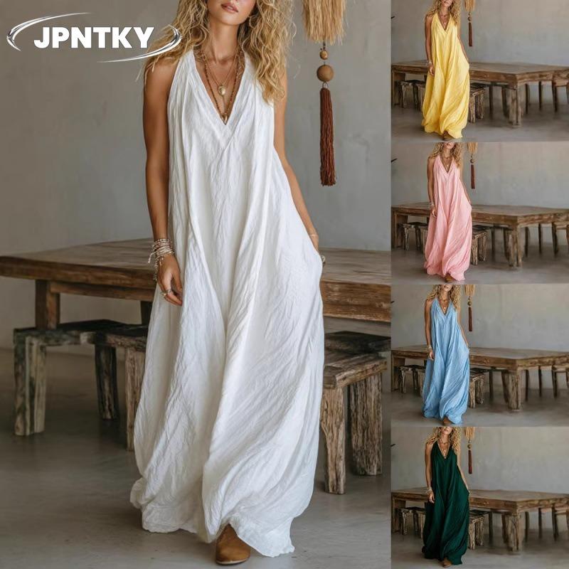 JPNTKY Mode Sommer Frühling Einfarbiger Druck Ärmellos V-Ausschnitt Freizeitkleider Einzigartiges Design