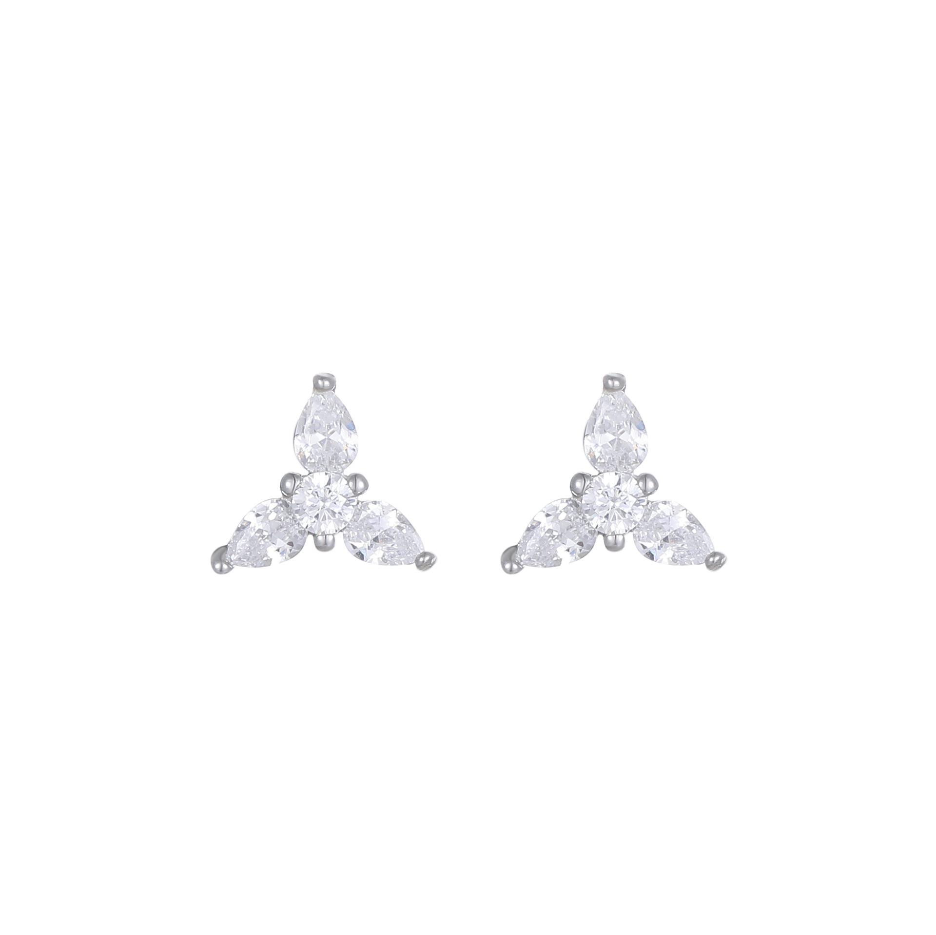 Luxury 18K Gold Plated S925 Silver 3-Pear Shape CZ Cluster Stud Earrings, Sparkling Floral Hypoallergenic Jewelry серебряный