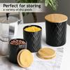 MIAMIO Kitchen Canister Set of 3 Ceramic Canisters with Wooden Airtight Perfect for – Lid, Coffee, Tea, Sugar, Flour, Salt, Etc. (Black)