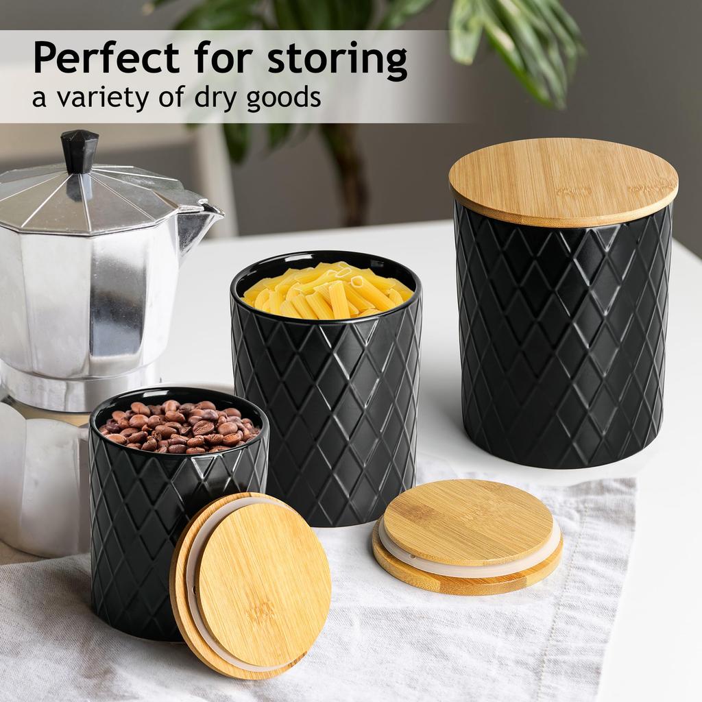 MIAMIO Kitchen Canister Set of 3 Ceramic Canisters with Wooden Airtight Perfect for – Lid, Coffee, Tea, Sugar, Flour, Salt, Etc. (Black)