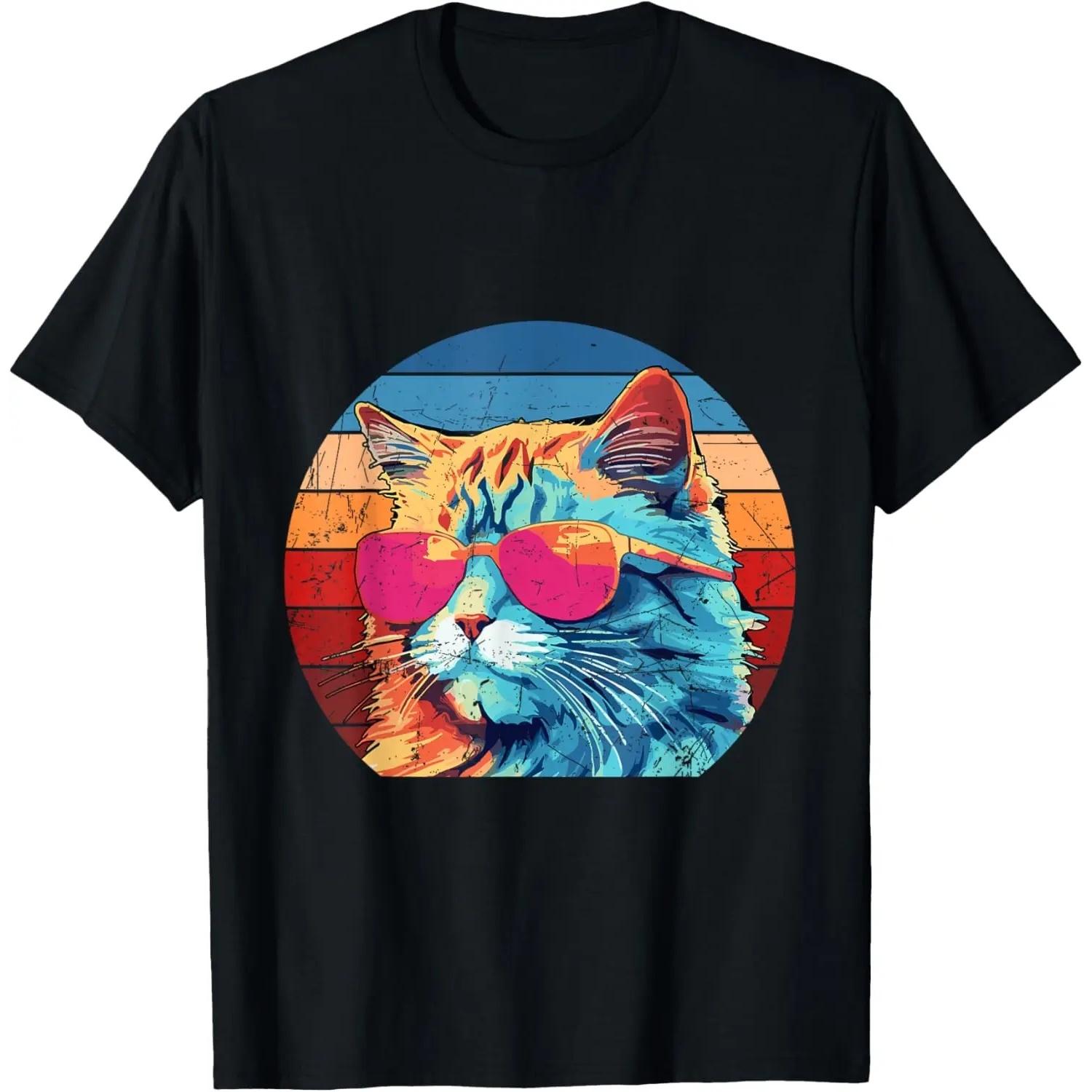 Крутой Ретро Кот в Солнечных Очках 70-е 80-е 90-е Смешная Футболка с Котом S