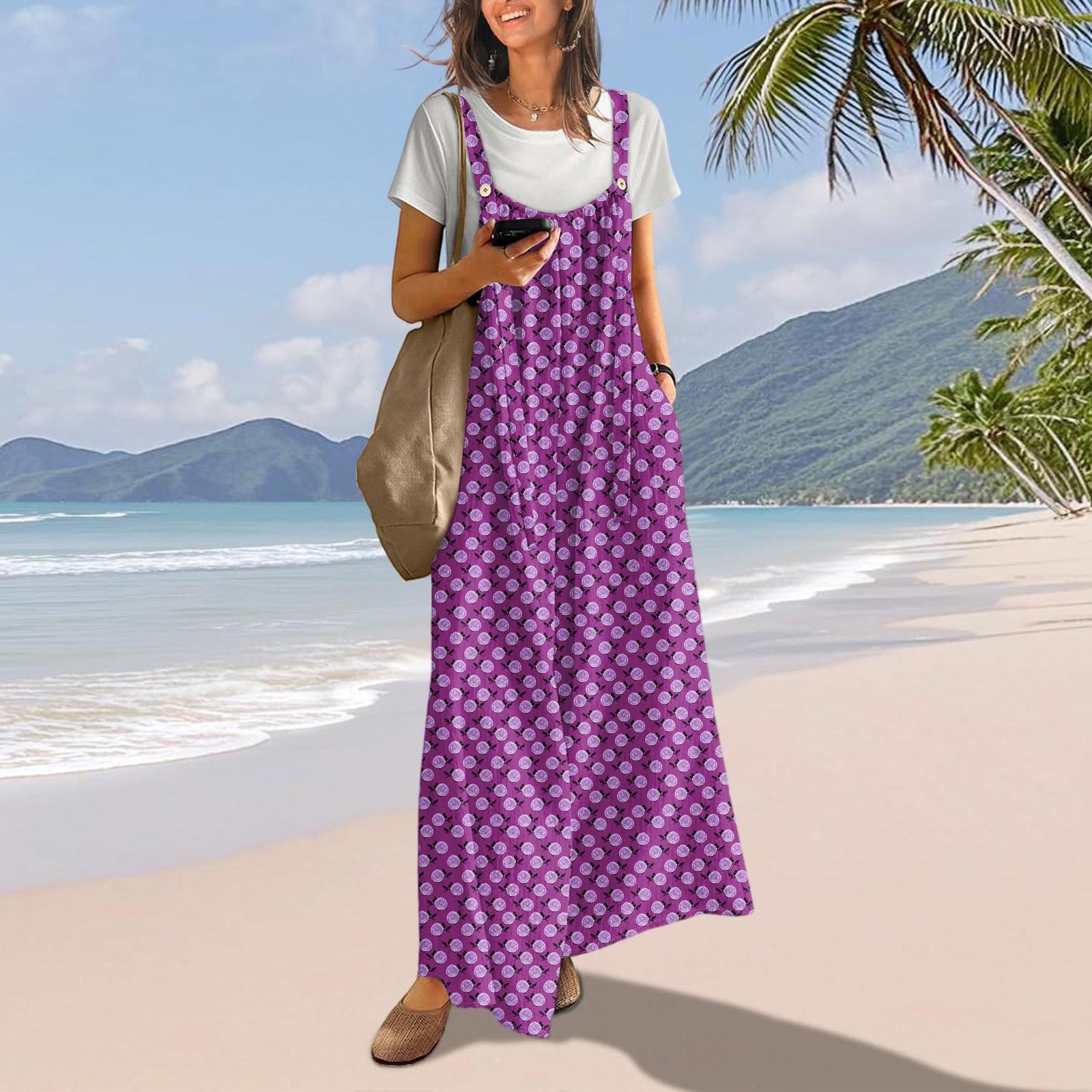 

Повседневные комбинезоны с широкими штанинами для женщин, бохо, с цветочным принтом, плиссированные, летние наряды с карманами XXL фиолетовый