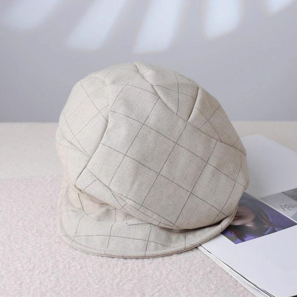 Vintage Octagonal Cap Newsboy Peaked Hat Korean Plaid Beret  Women