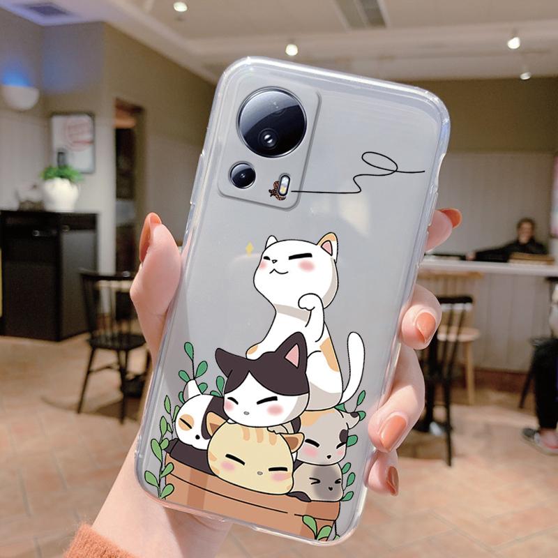Clear Case For Xiaomi 13 Lite Shockproof Cover Cartoon Cute Cat Soft Silicone Fundas For Xiaomi 13T 14T 15T Pro Transparent Bags