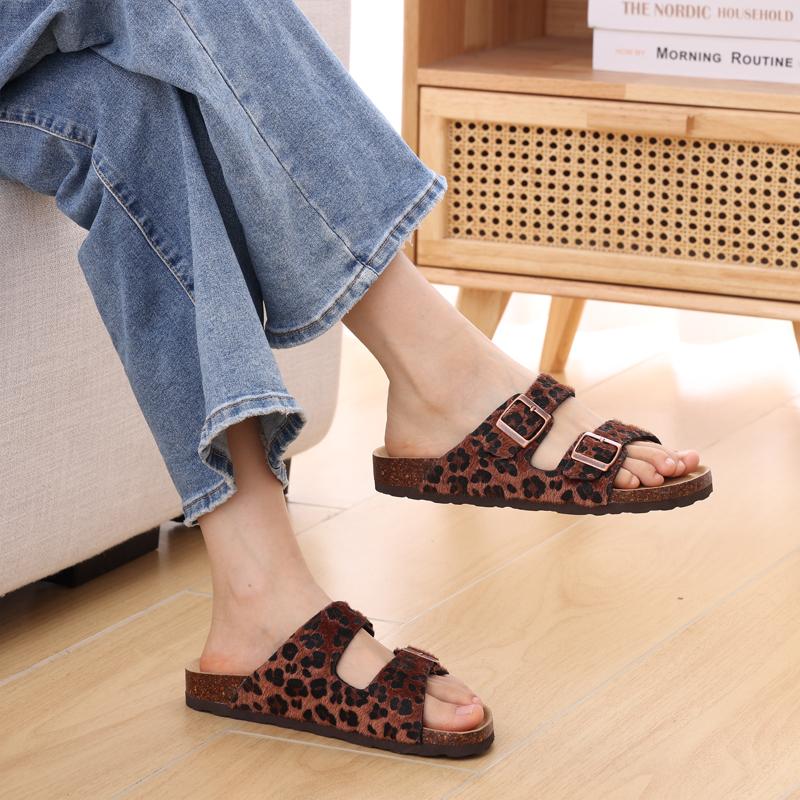 Fashion Litfun Classic Women's Sandals Casual Cork Footbed Flat Bottom Slippers Open Toe Leopard Designed Slides With Adjustable Buckle