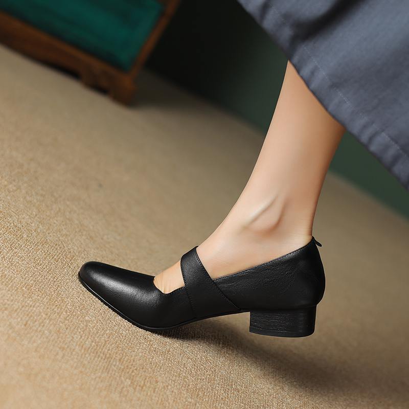 Hovězí kůže s kulatou špičkou tlusté střední podpatky podzimní boty Mary Janes pevné dámské lodičky