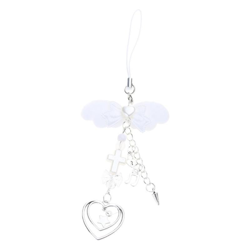 Sweet Bowknot Phone Charm Angel Wing Pendant Keychain for Bag Accessory Phone Strap Lanyard Beaded Key Chain Jewelry
