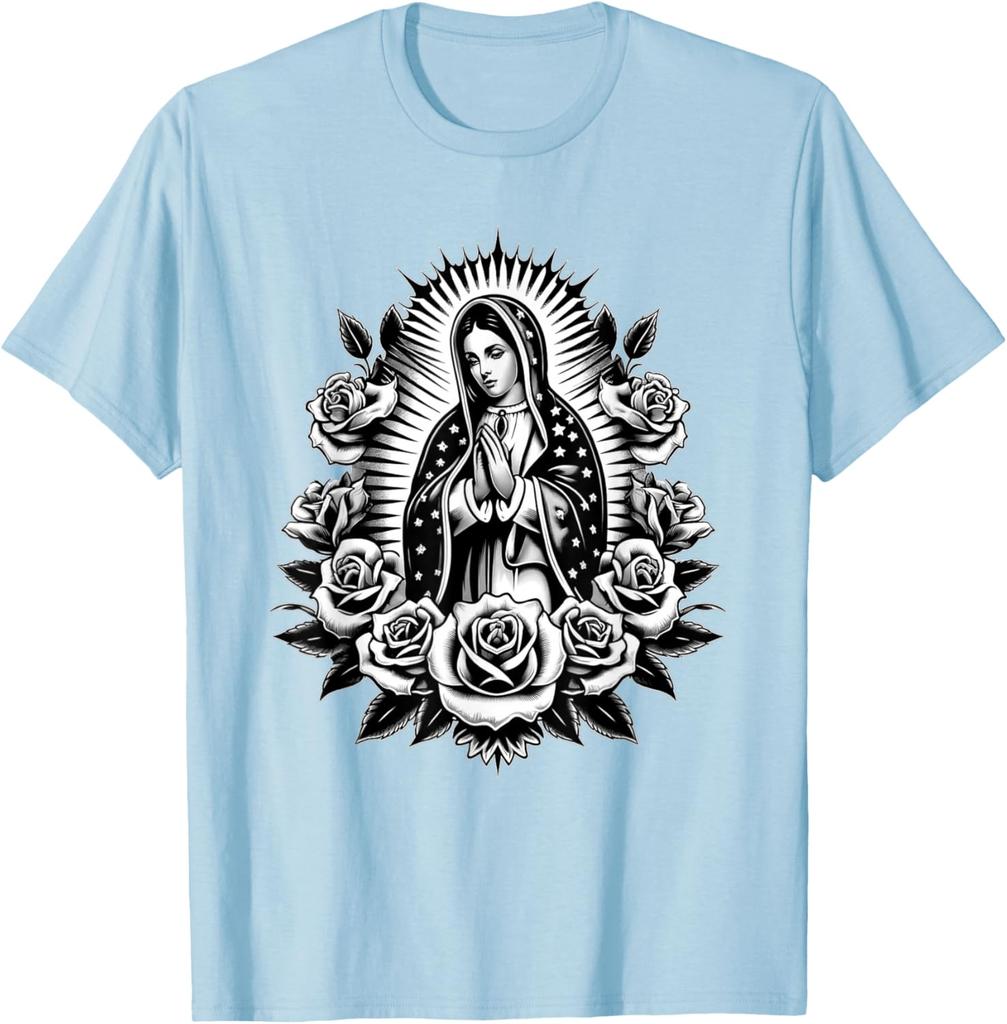 Virgin Mary Guadalupe Roses Graphic T-Shirt Religious Catholic Virginita Floral Print Tee Men Casual