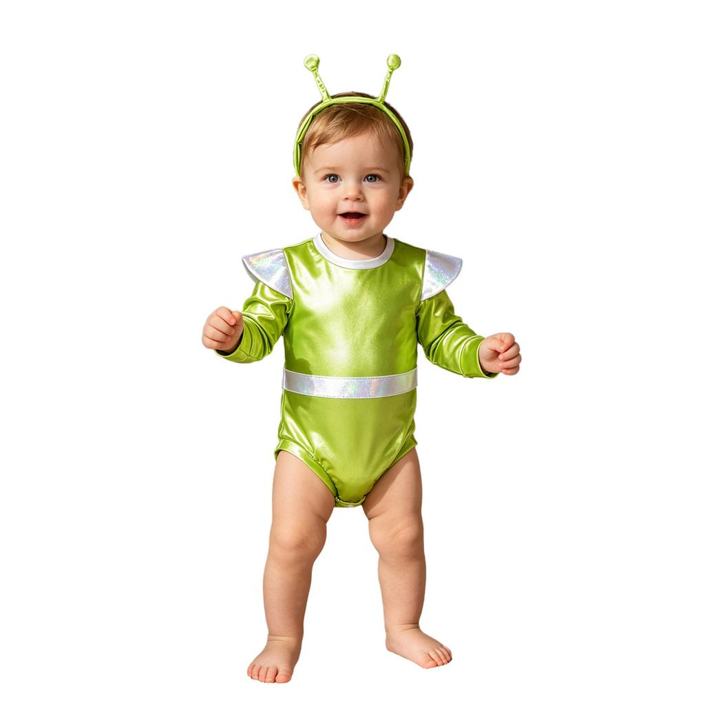 Baby Girls Color Block Alien Outfit Long Sleeve Press Button Crotch Metallic Romper Photography Costume