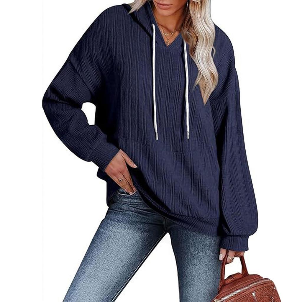 Fashionable Women's Casual Loose Color Long-sleeved Pocket Hooded Sweatshirt