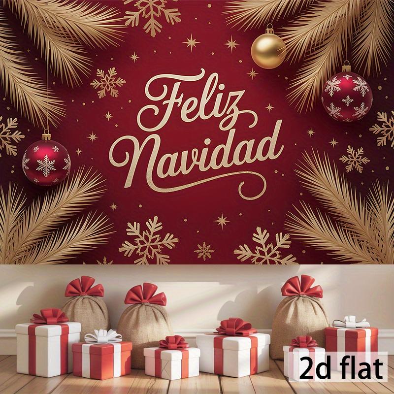 1 piece Spanish style "Feliz Navidad" Christmas banner with golden letters red snowflakes and pine branches design
