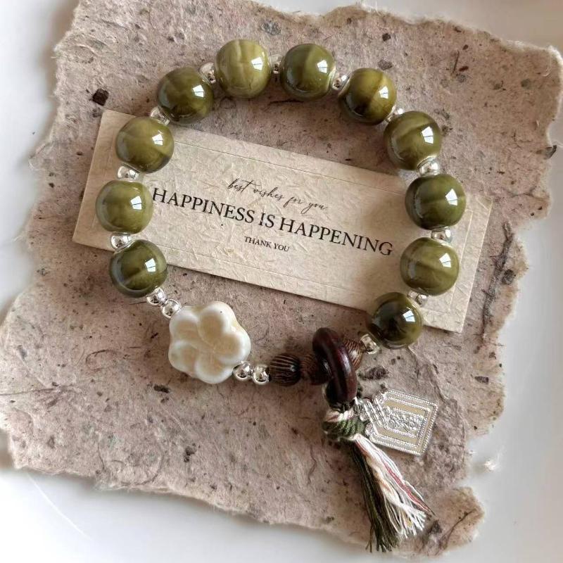 Boho Keramik Perlen Armband für Damen Zartrosa Rund mit Marmor Quadratischen Perlen, Elastisches Dehnbares Design für den Alltag & Geschenk