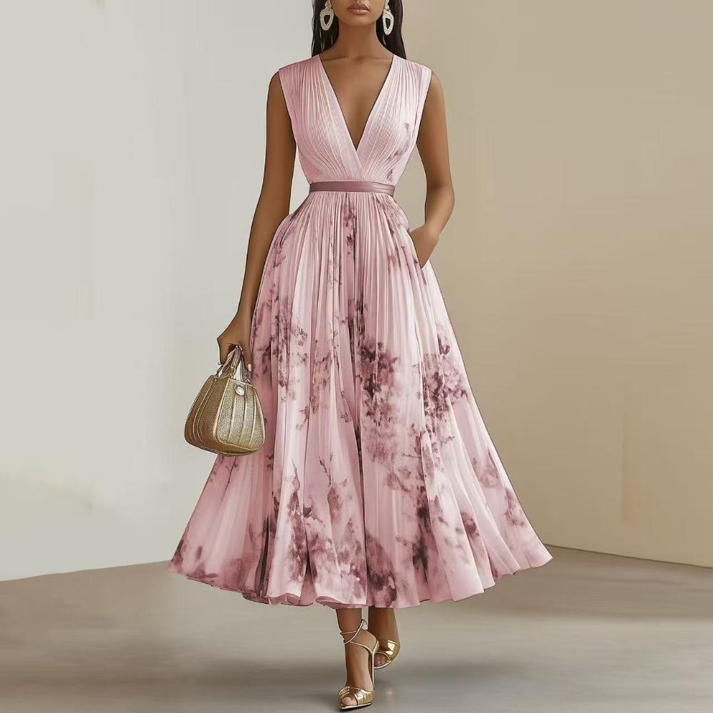 European and American Autumn and Winter Women's Clothing Printed V-neck Sleeveless Fashion Pleated Dress Long Dress Women