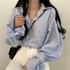 Striped and Knit Vest Ruffled Sweater Korean Style for and [KOREARU] Women's Shirt, Blouse, Set. Blouse. Spring, Summer, Fall, Winter. (Shirt [Blue])