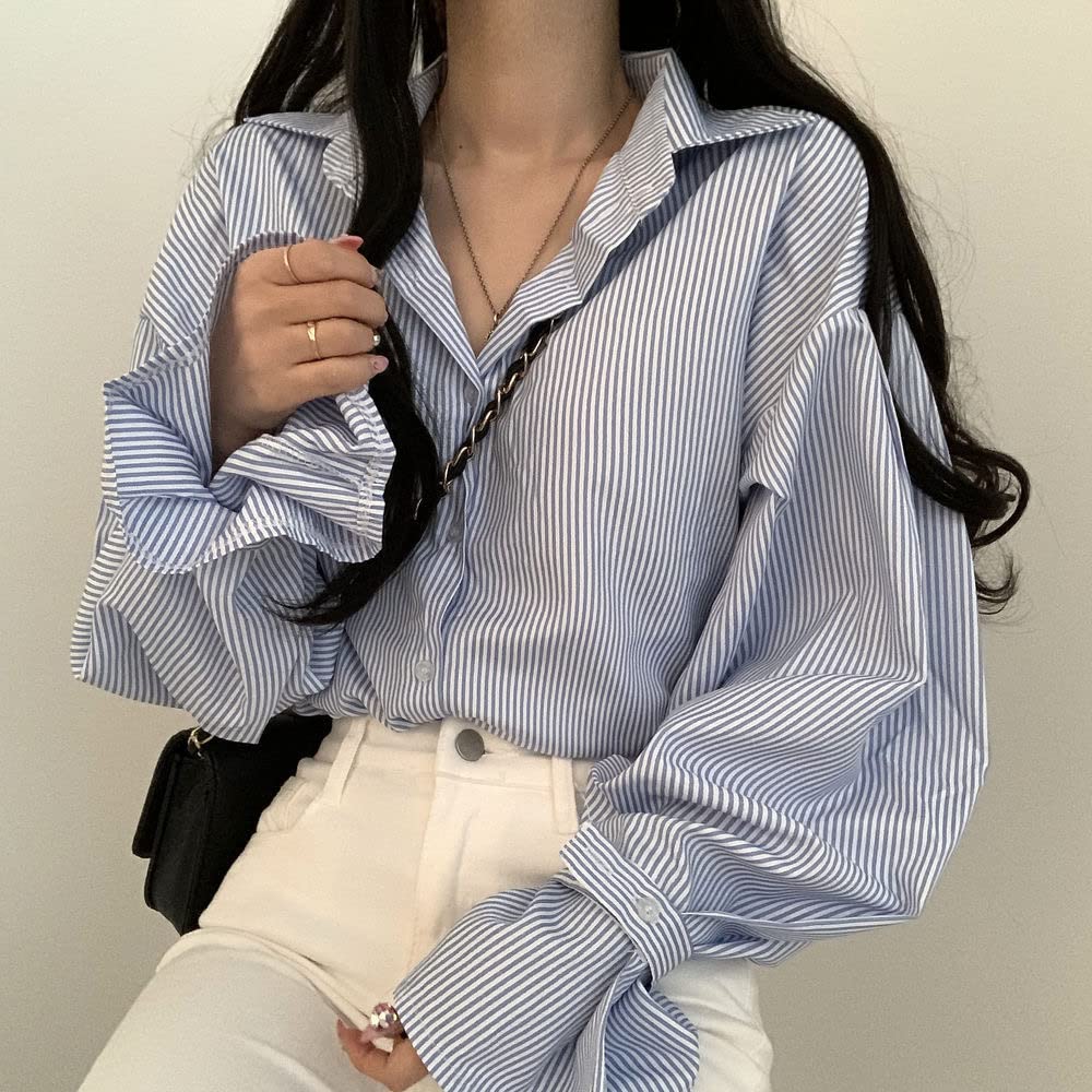Striped and Knit Vest Ruffled Sweater Korean Style for and [KOREARU] Women's Shirt, Blouse, Set. Blouse. Spring, Summer, Fall, Winter. (Shirt [Blue])