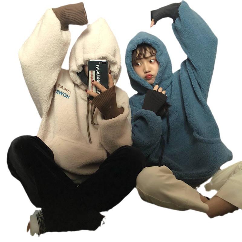 Dámská mikina s kapucí z jehněčí kůže s potiskem písmen - Volný střih, Podzim/Zima Korejský styl