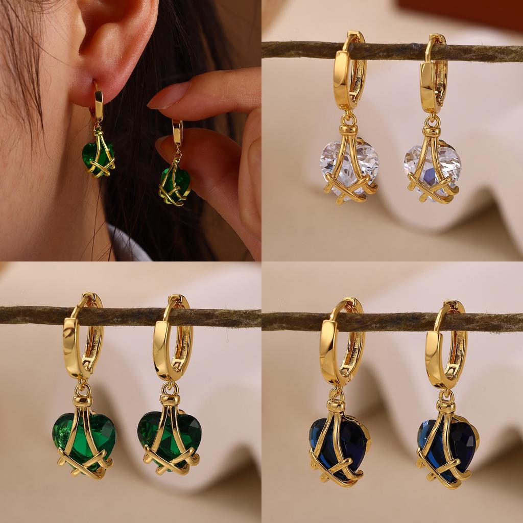 Emerald Green Heart Dangle Hoop Earrings For Women 18-K Gold Plated Love Huggies Earring Jewelry Elegant Party Cute New Gifts