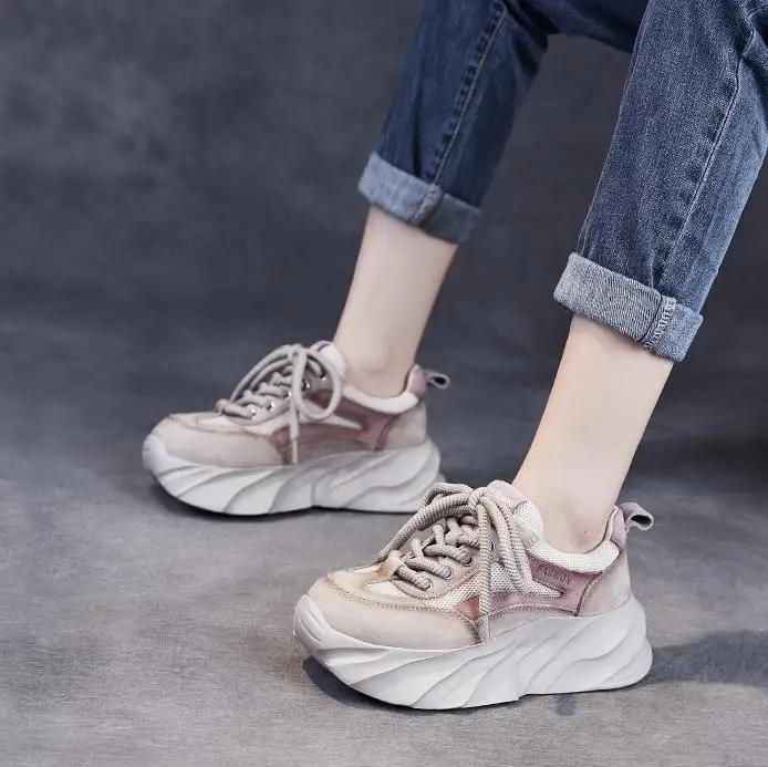 Fashion 5.5CM Women Mixed Colors Genuine Leather Spring Casual Sneakers Lace-Up Air Mesh Thick Sole Wedges College Style Platform Shoes