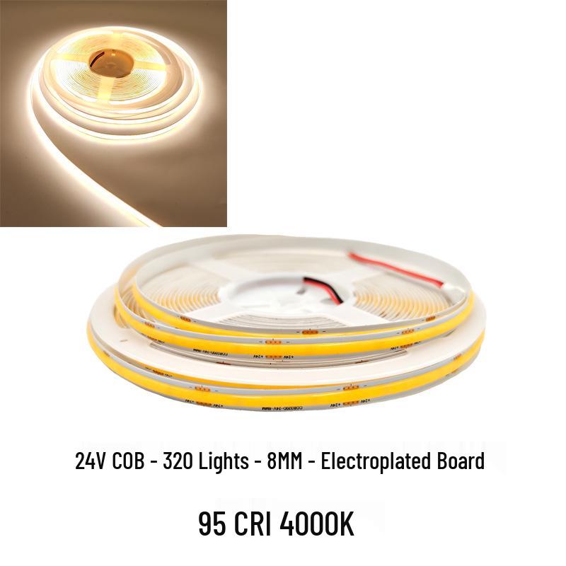 COB LED Strip Light 12V/24V, 320/480 LEDs, 8MM, 90 CRI, Self-Adhesive, Aluminum Channel.