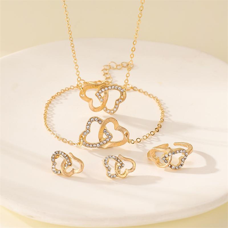 5PCS/Set Double Heart Shaped Jewelry Sets Of Ring Earrings Necklace For Women Rhinestone Wedding Jewelry