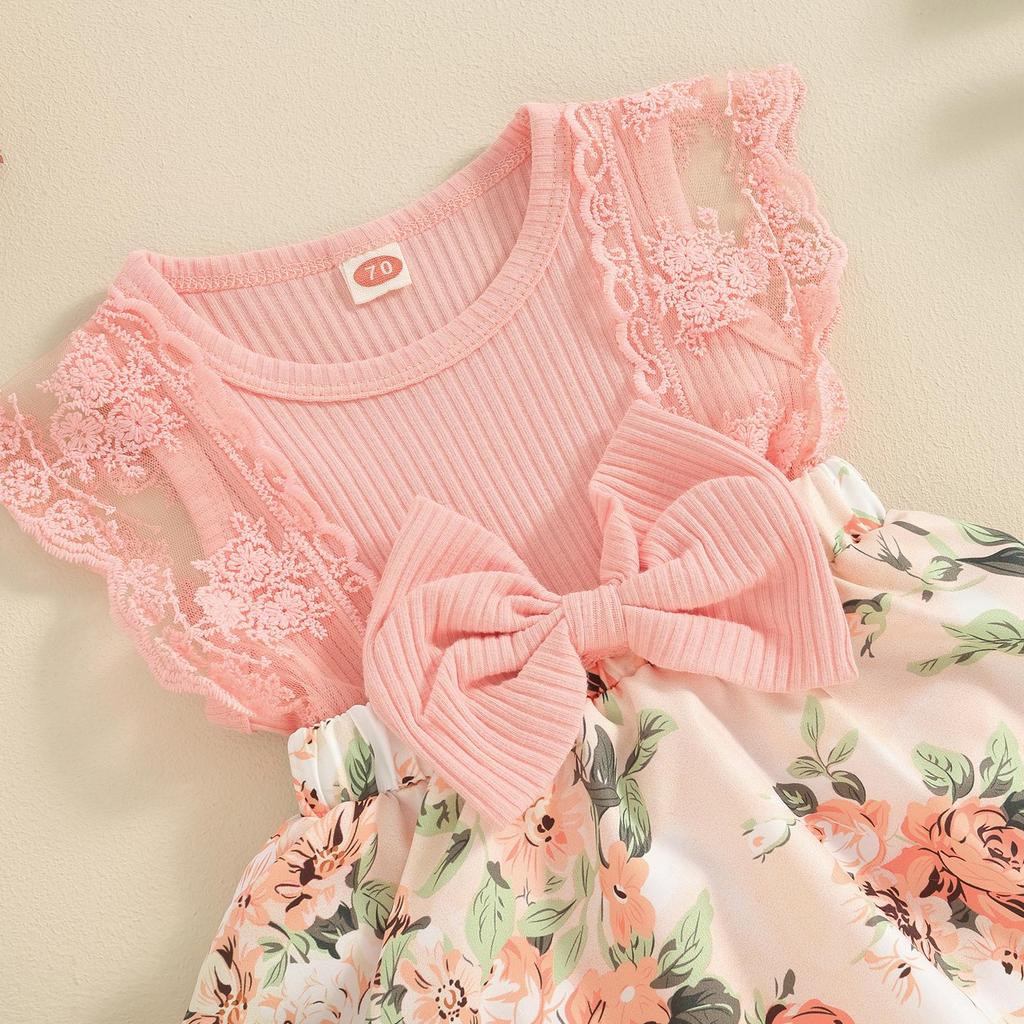 Baby Girl Summer Jumpsuit 3 6 12 18 Months Floral Print Lace Patchwork Romper Dress and Headband Set Cute Fashion Clothes Outfits