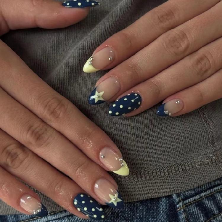 Long Wear French Manicure Nail Blue Yellow Geometric Stars Detail Break Resistant ABS For Bride Holiday