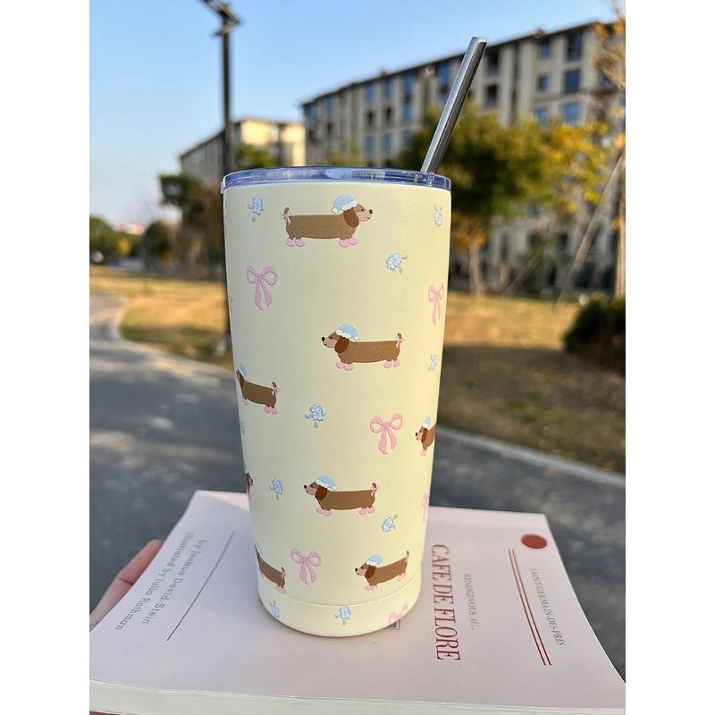 Cute Korean Thermos Cup Tumbler For Coffee Tea Beer Juice 550ml Kawaii Sainless Steel With Straw Thermal Cup Water Bottle Gift