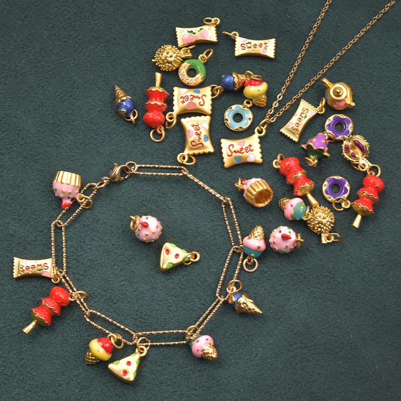 13pcs/Lot Mix Dessert Cake Ice Cream 3D Gold Color Enamel Charms For Jewelry Making Supplies Candy DIY Cute Pendant Accessories