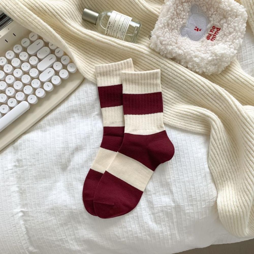 Red Bow Female Elastic Striped Socks Knitted Middle Tube Socks Snow Boot Socks  Christmas Gift