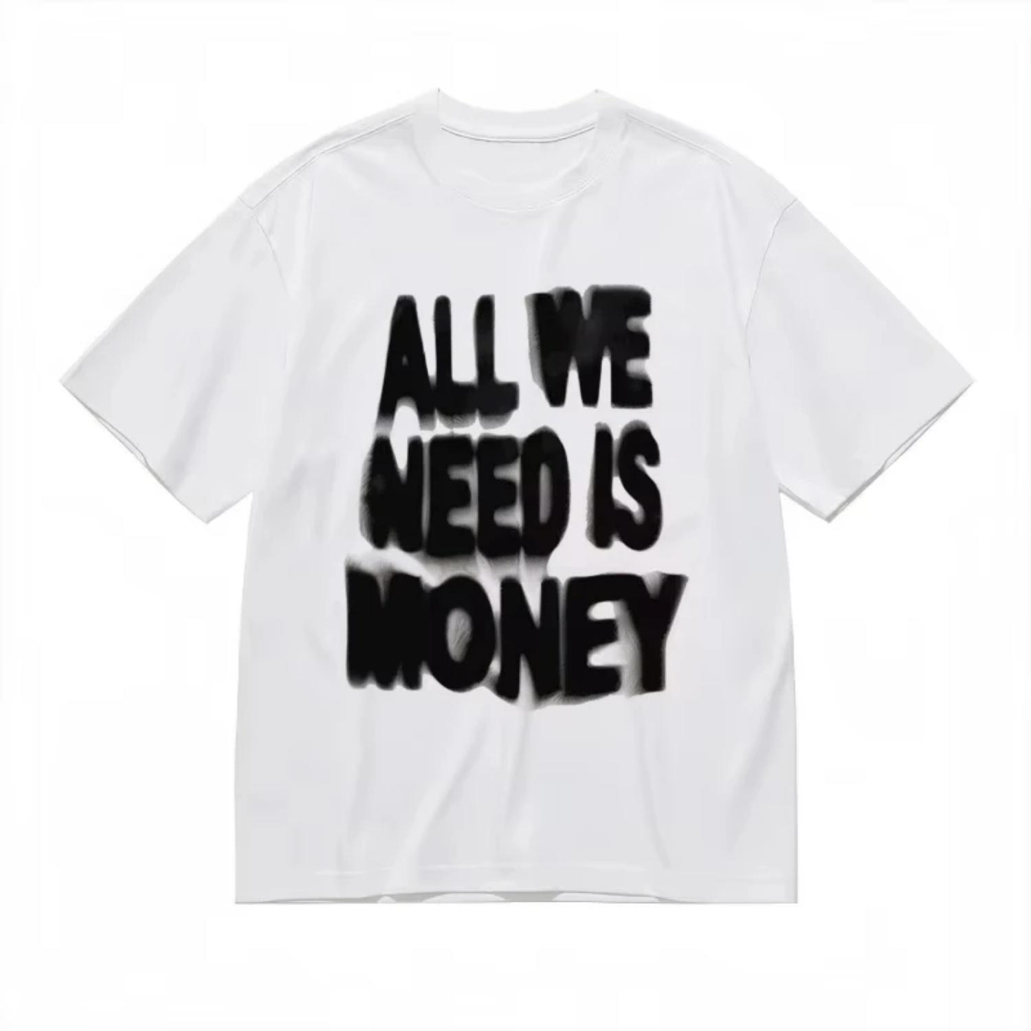 

Men s and Women s Retro Loose T-shirts _All We Need Is Money_ Print Pattern White and Black Casual Street Style S чёрный
