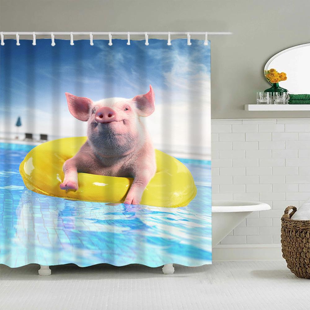 Pink Pig Shower Curtain, Lovely Animal Piggy Bath Curtain Western Animals Bathroom Decor Romantic Rose Flowers Bathroom Curtain