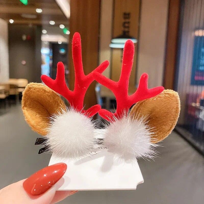 New Year Christmas Gift Kawaii Red Hair Pin Children Barrettes Bow Deer Santa Claus Kids Headwear Girls Kids Hair Accessories