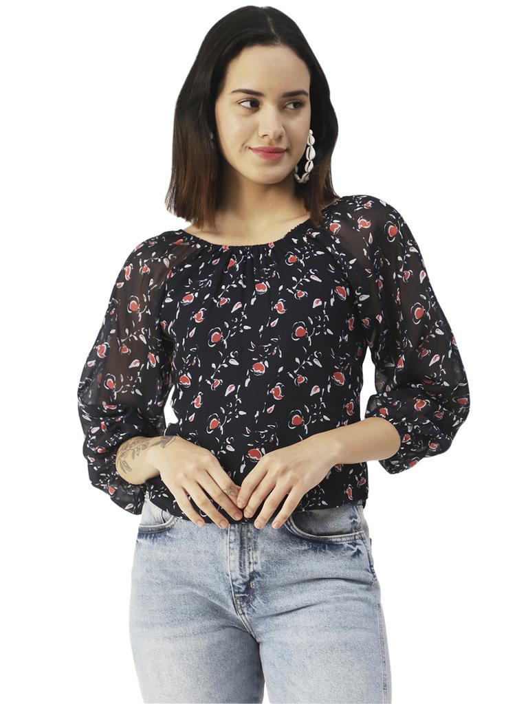 Moomaya Printed Top Round Neck Sheer Long Sleeve Tops For Women